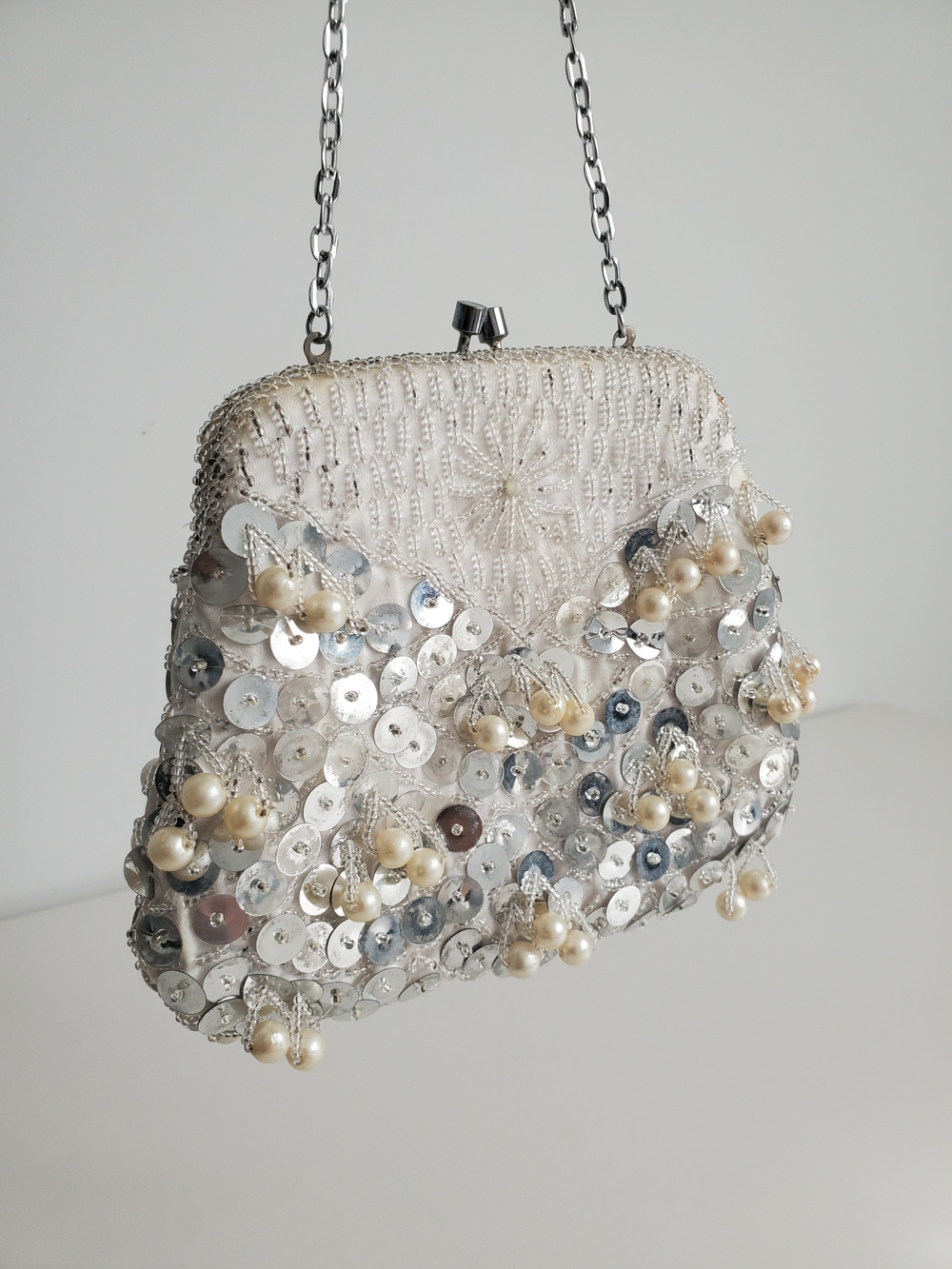 Vintage 60s Beaded Pearl Sequin Evening Purse Made in Hong Kong